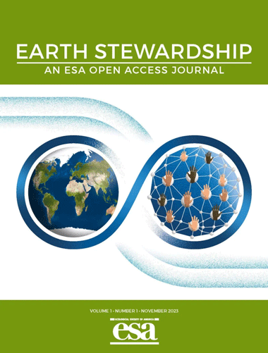 The current cover of Earth Stewardship with an image of two circles where one represents the Earth and the other science at the research level