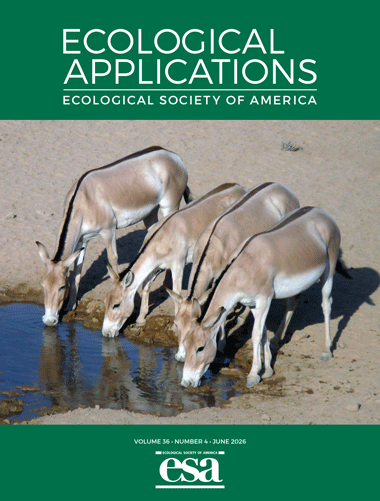 The June 2026 cover of Ecological Applications with a photo of Asiatic wild asses drinking from the an artificial water source