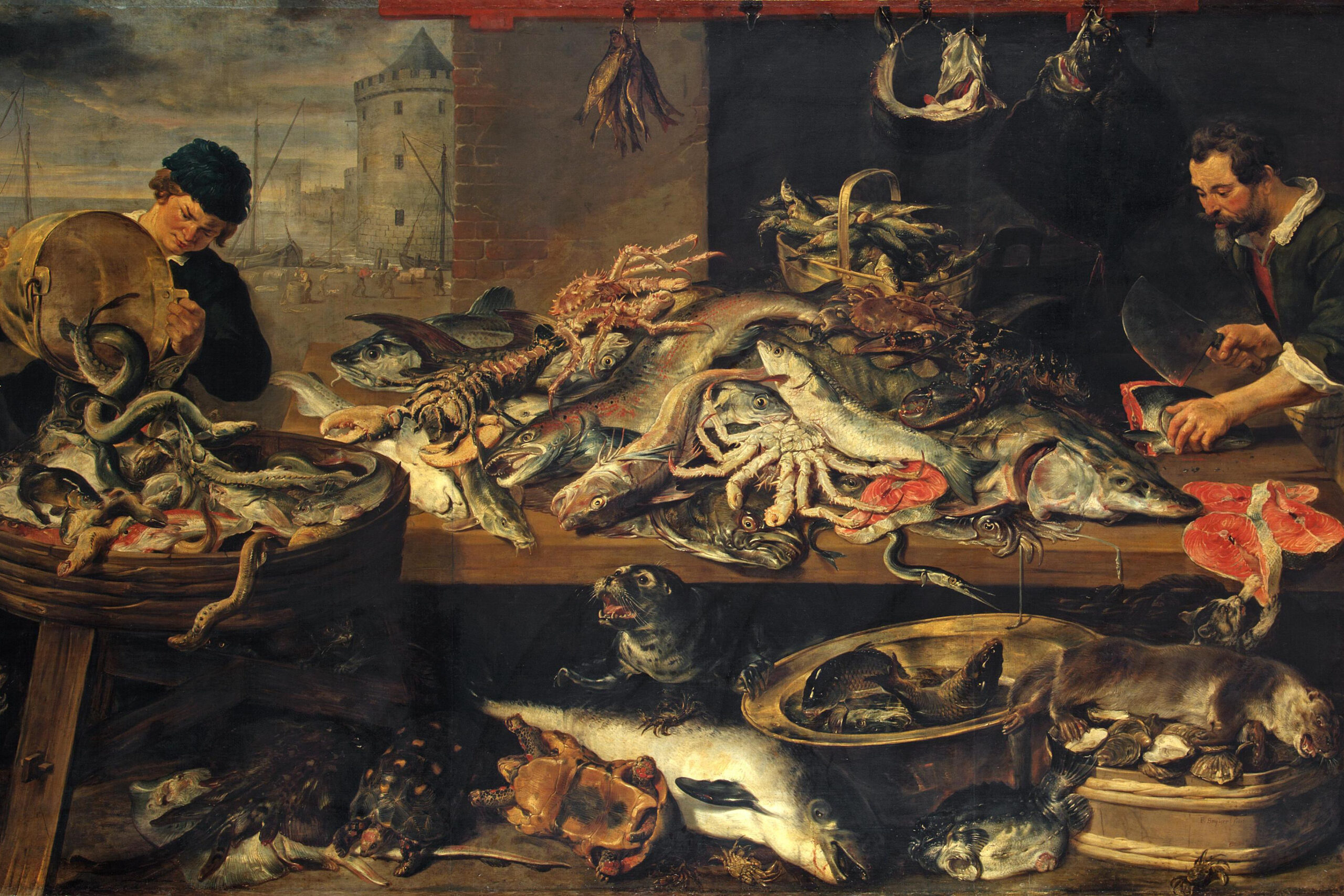 A painting showing a fish market, where dozens of different kinds of marine life are displayed.